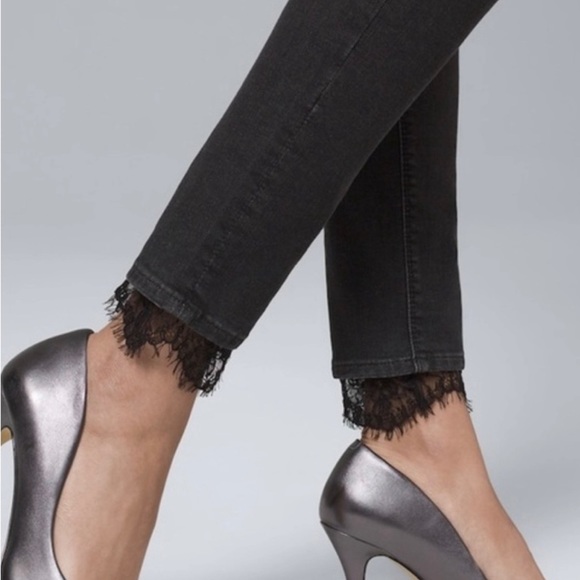 WHBM The Skinny Ankle Lace Hem Black Wash Denim Jeans in Size 12 - Picture 2 of 10